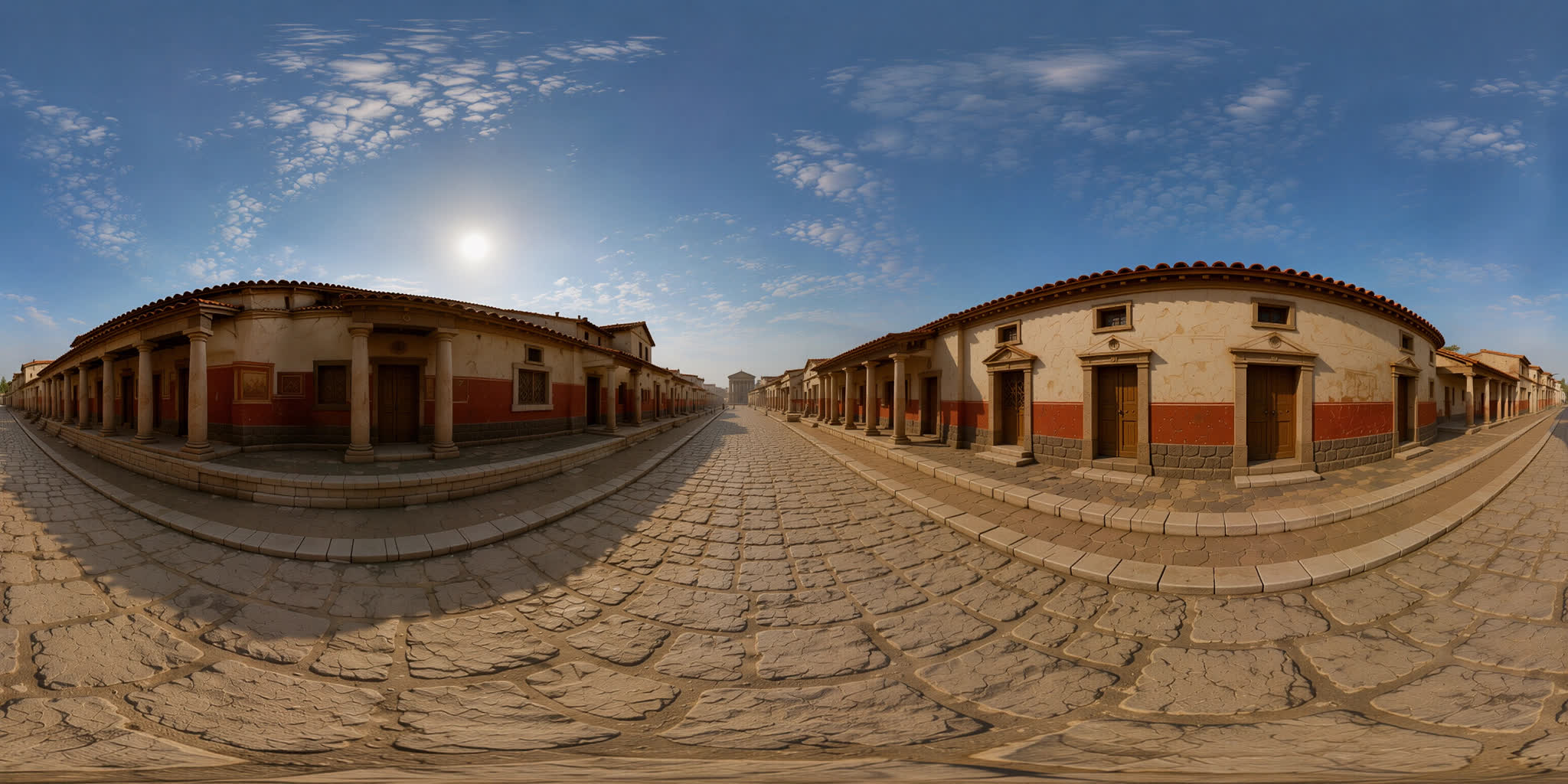 Ricostruzione della strada colonnata di Brundisium: portici con colonne, intonaci bianchi e fascia rossa, selciato in basoli, con un tempio in fondo alla via.
